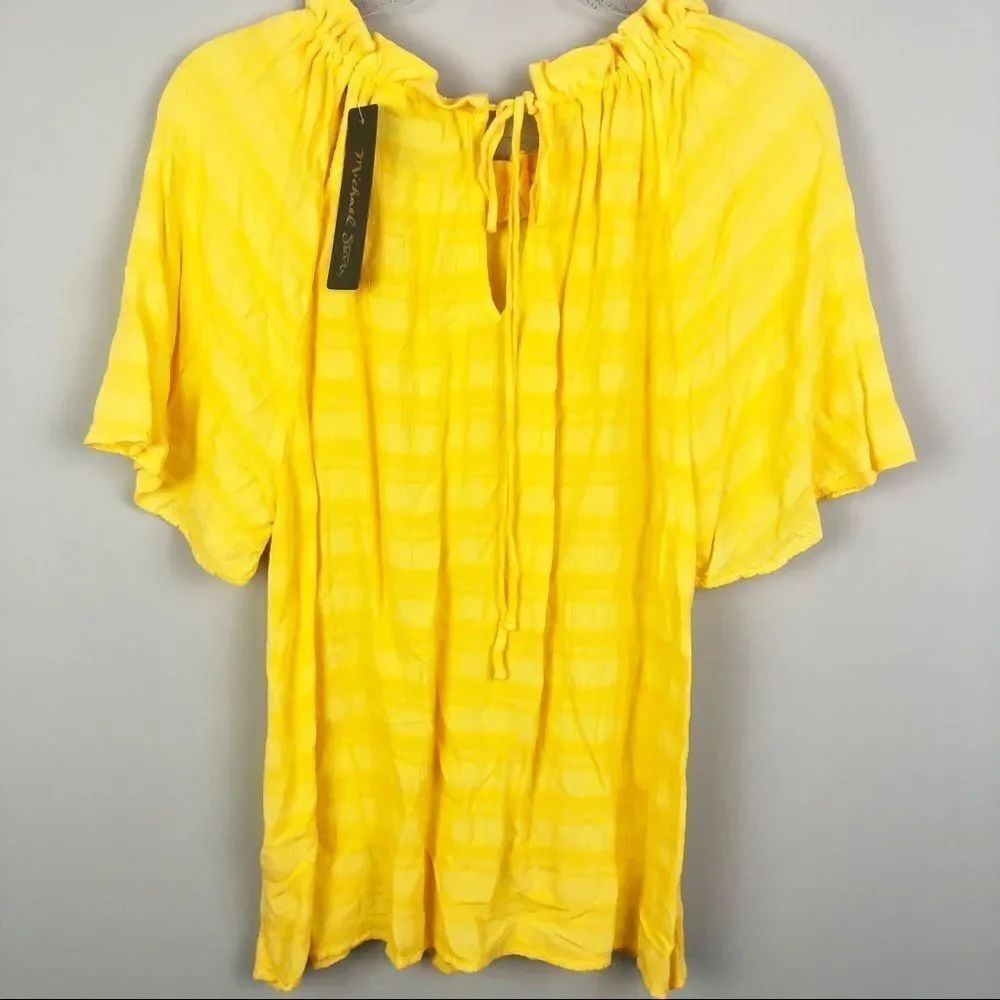MICHAEL STARS | Ruffle Tie Neck Top Plisse Yellow - Picture 9 of 13